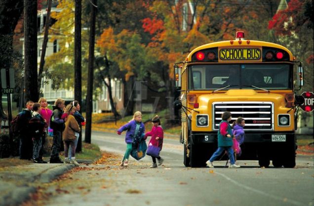 Children being dropped off by the school bus.